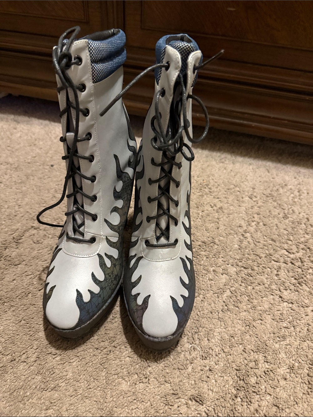 Women’s Gray Lace-Up Mid-Calf Boots with Black Flame Detail